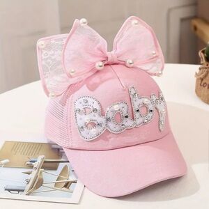 SALE **
Pink Cap with Lace Bow and Pearl Details